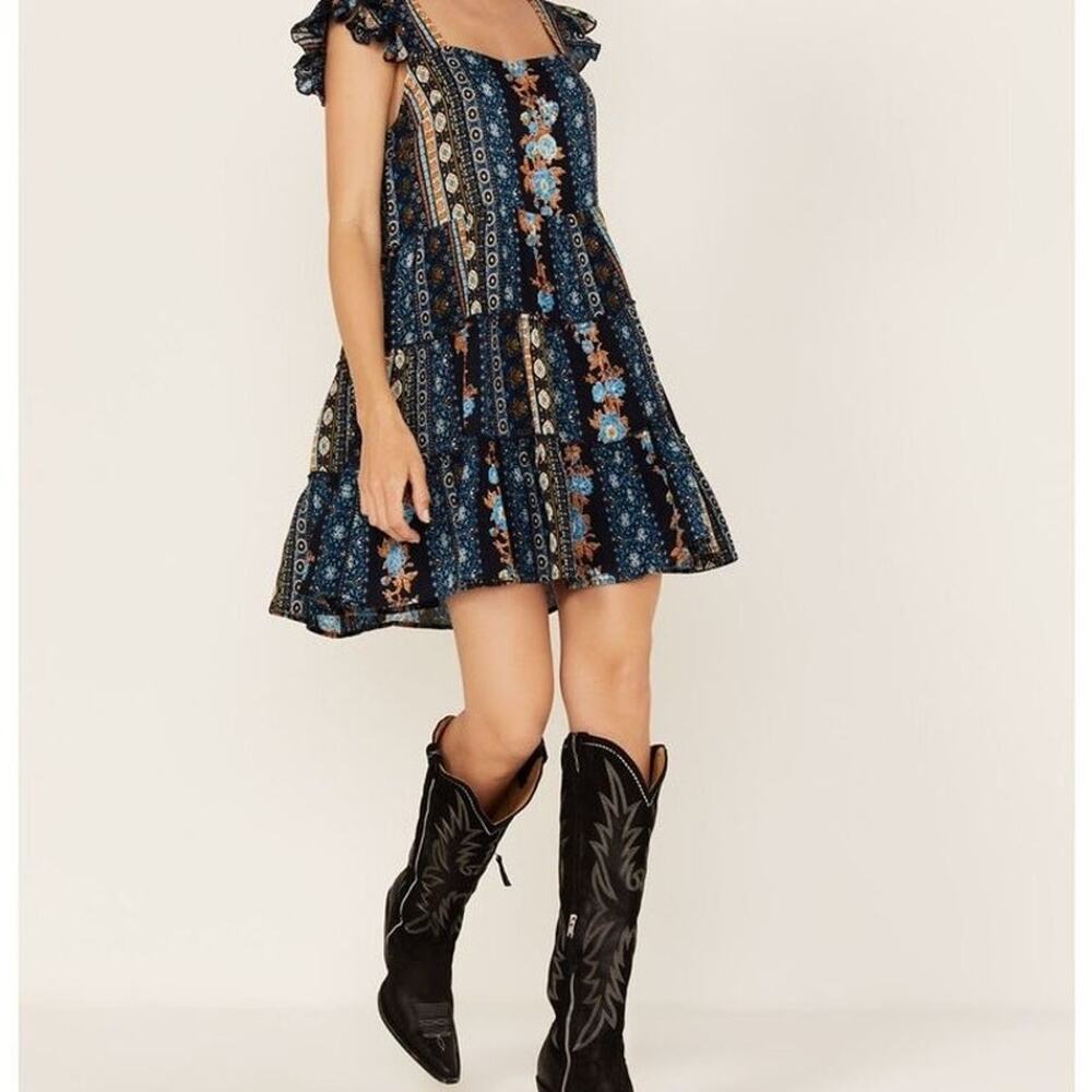 Band of the Free Womens XS Boho Western Patchwork Blue Mini Dress NWOT